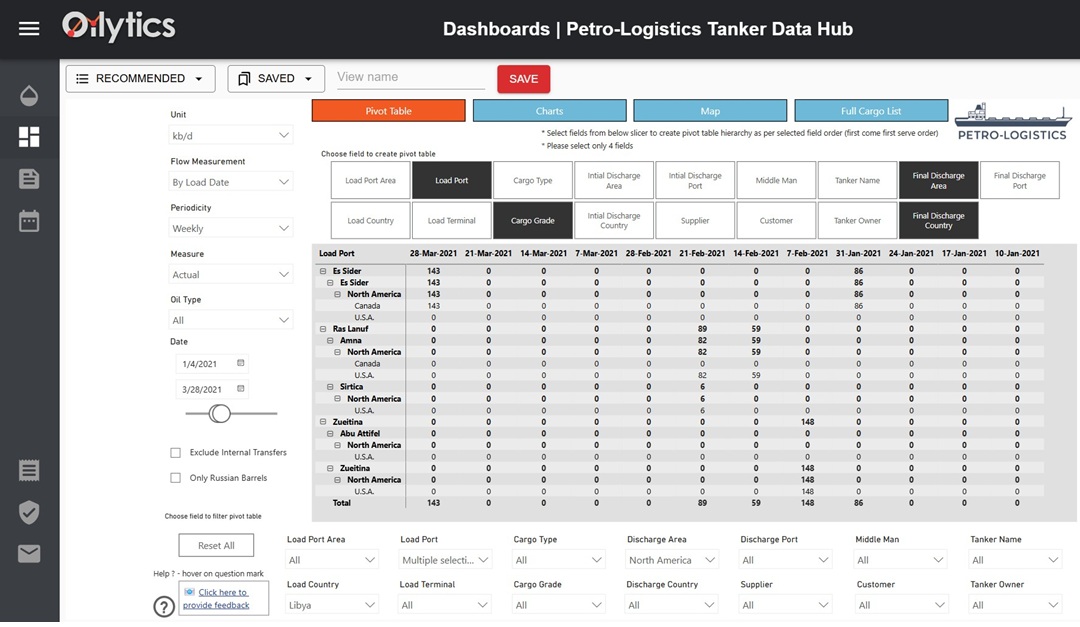 Petro-Logistics Tanker Data Hub Pivot Table Screenshot